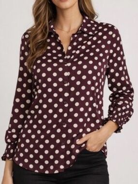 NWT Autres Filles Burgundy Polka Dot Cinch Wrist Button Down Blouse